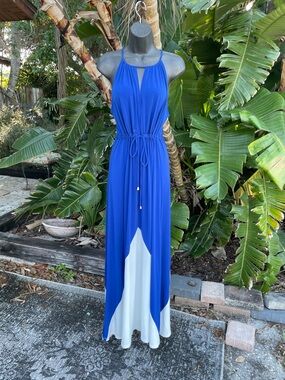 London, Time blue and white color blocked halter look maxi